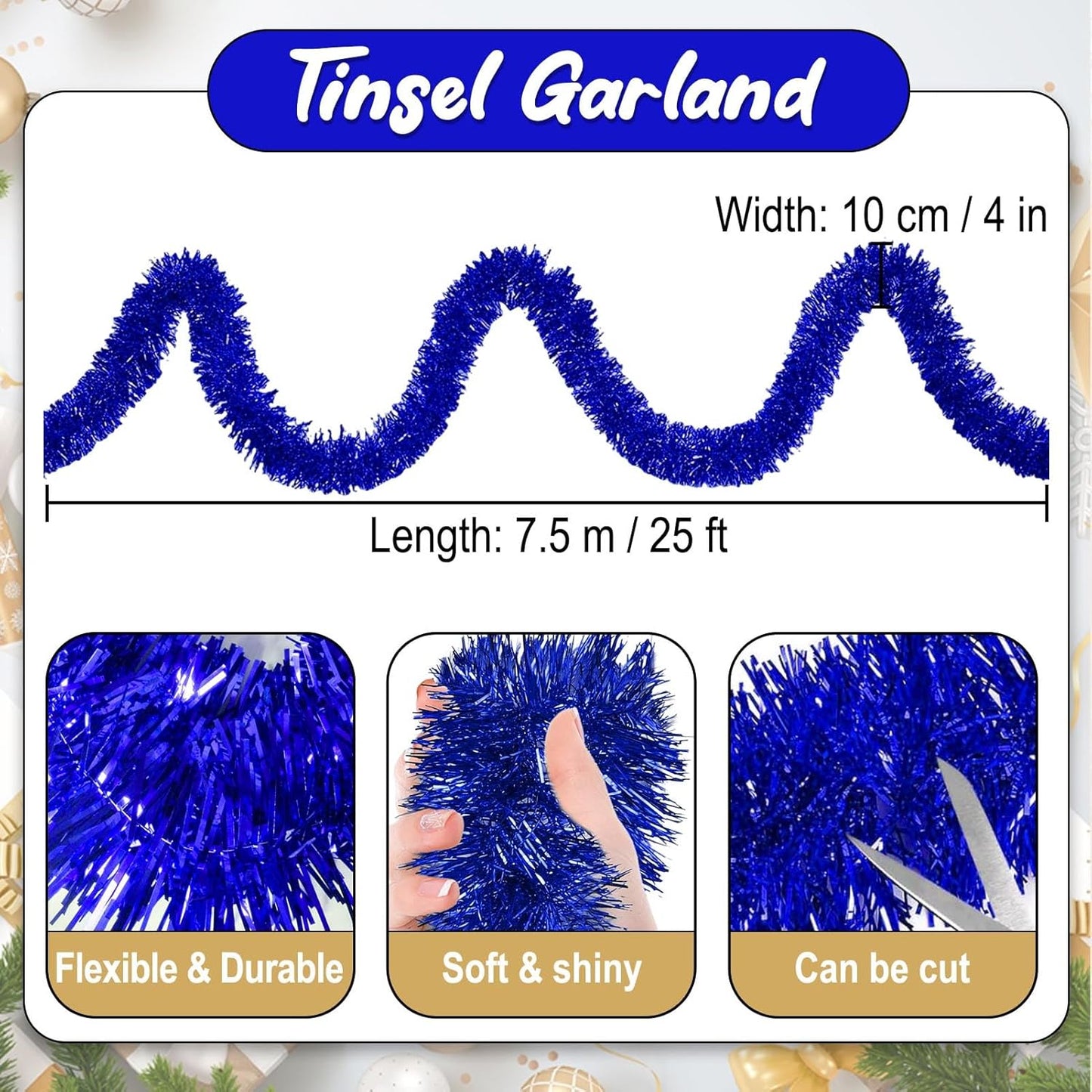 25 Feet Blue Christmas Tinsel Garland, Metallic Foil Twist Banner Wall Hanging Tinsel Streamers Backdrop for Parade Floats, Christmas, Mother's Day, Birthday Party Decorations(4in x 25ft)