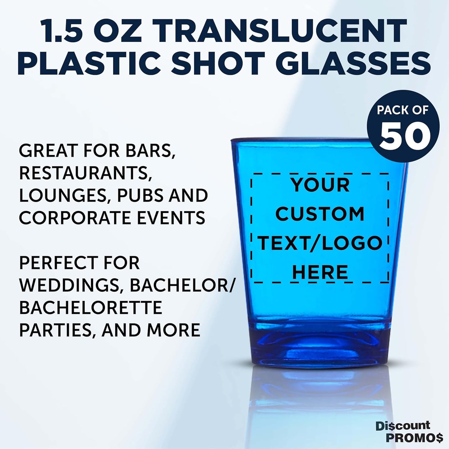 Custom Translucent Plastic Shot Glasses 1.5 oz. Set of 50, Personalized Bulk Pack - Acrylic, Great for Wedding, Party, Birthday, Gifts - Blue