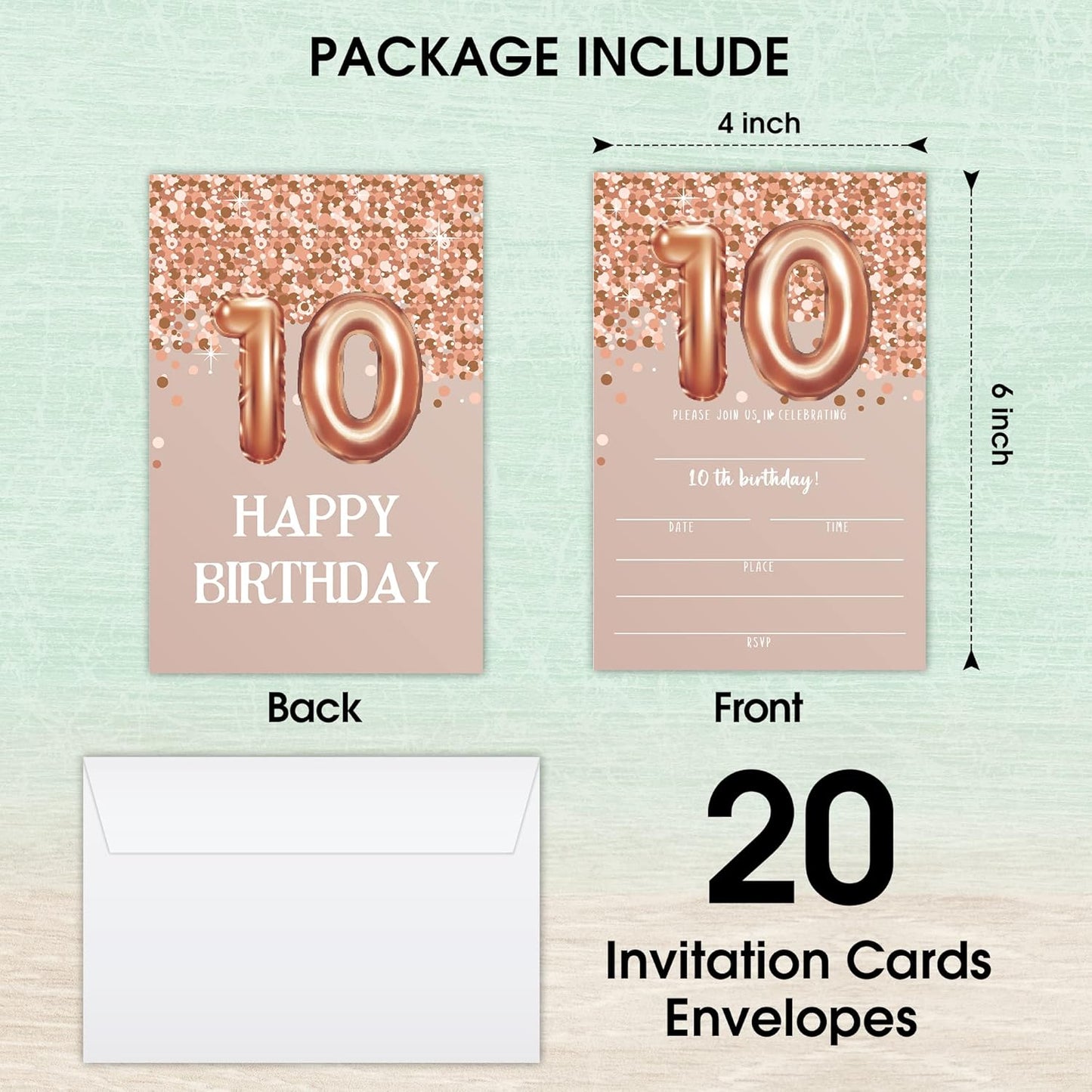 10th Birthday Invitation Cards, Rose Gold Glitter 10th Birthday Party Invites, Kids Happy Birthday Party Decorations Supplies, 20 Fill-in Cards with Envelopes for Boys or Girls Party Celebration-C02