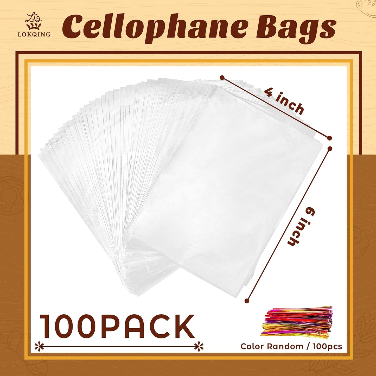 LOKIQNG Cellophane Bags Plastic Treat Bag Clear Cookie Candy Bags with Twist Ties for Party Favor Bag(100PACK,4x6inch)