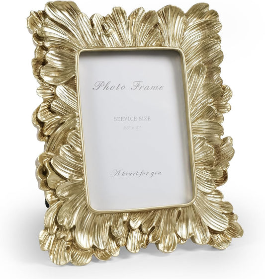 Cuspin Small Gold Picture Frame 3x5 Frames, Vintage Gold Palm Leaves Textured Hand-Crafted Resin with Glass Front Elegant Retro Vintage Design Photo Frame for Wall and Tabletop Display Home Decor