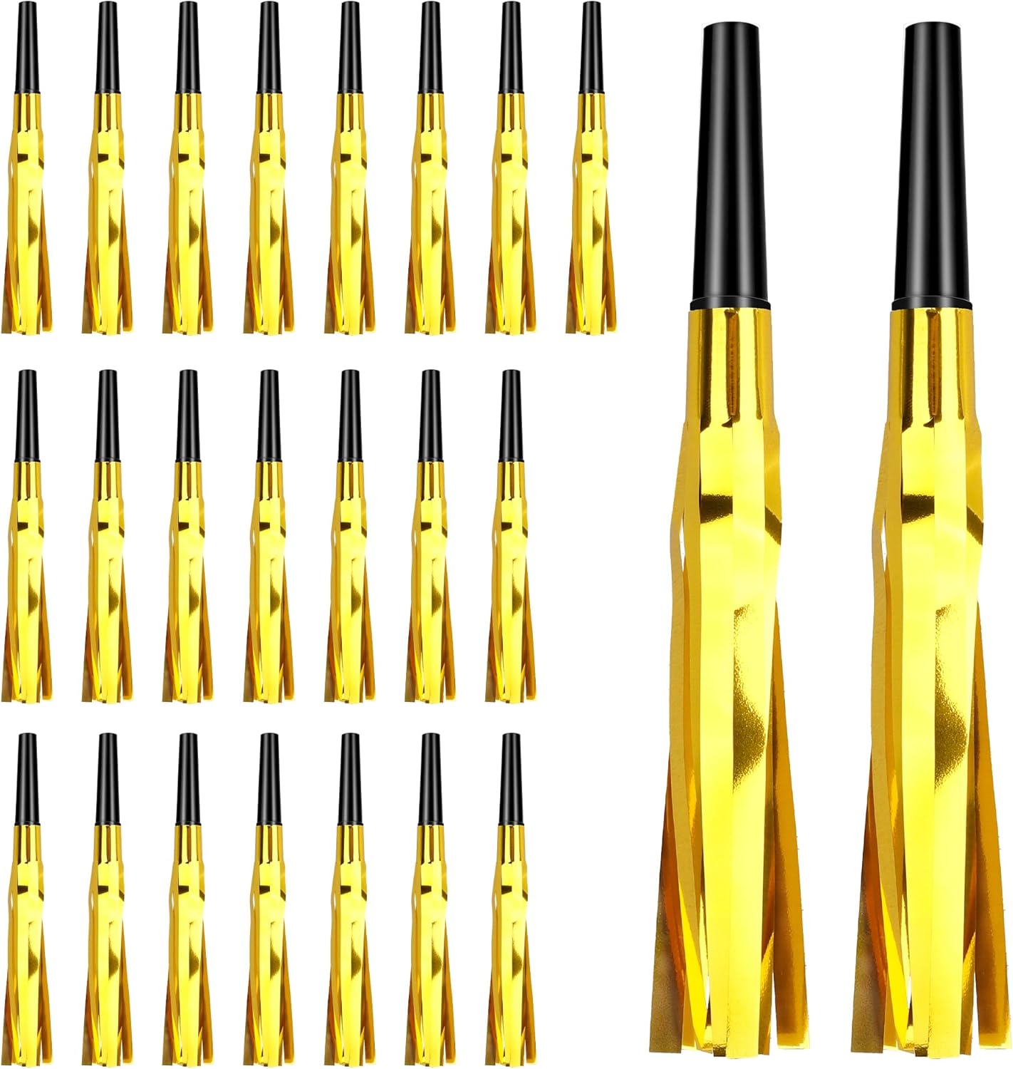 Noise Makers, 24 PCS Gold Noise Makers, Glitter Metallic Fringed Party Blowers Noisemakers Horns for Adults for Birthday Sporting Events Christmas 2025 New Year Eve Party Favor Supplies Decorations