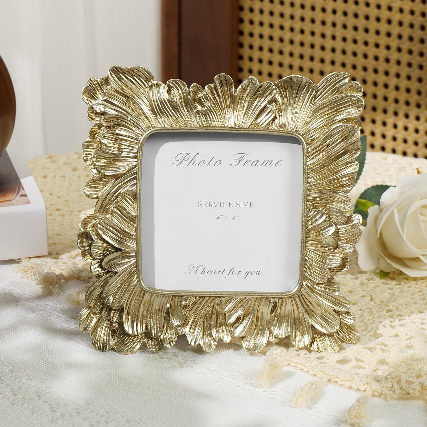Cuspin Gold Picture Frames 4x4, Vintage Gold Resin Photo Frame Palm Leaves Textured with Glass Front, Elegant Retro Square Frame for Wall and Tabletop Display Home Decor