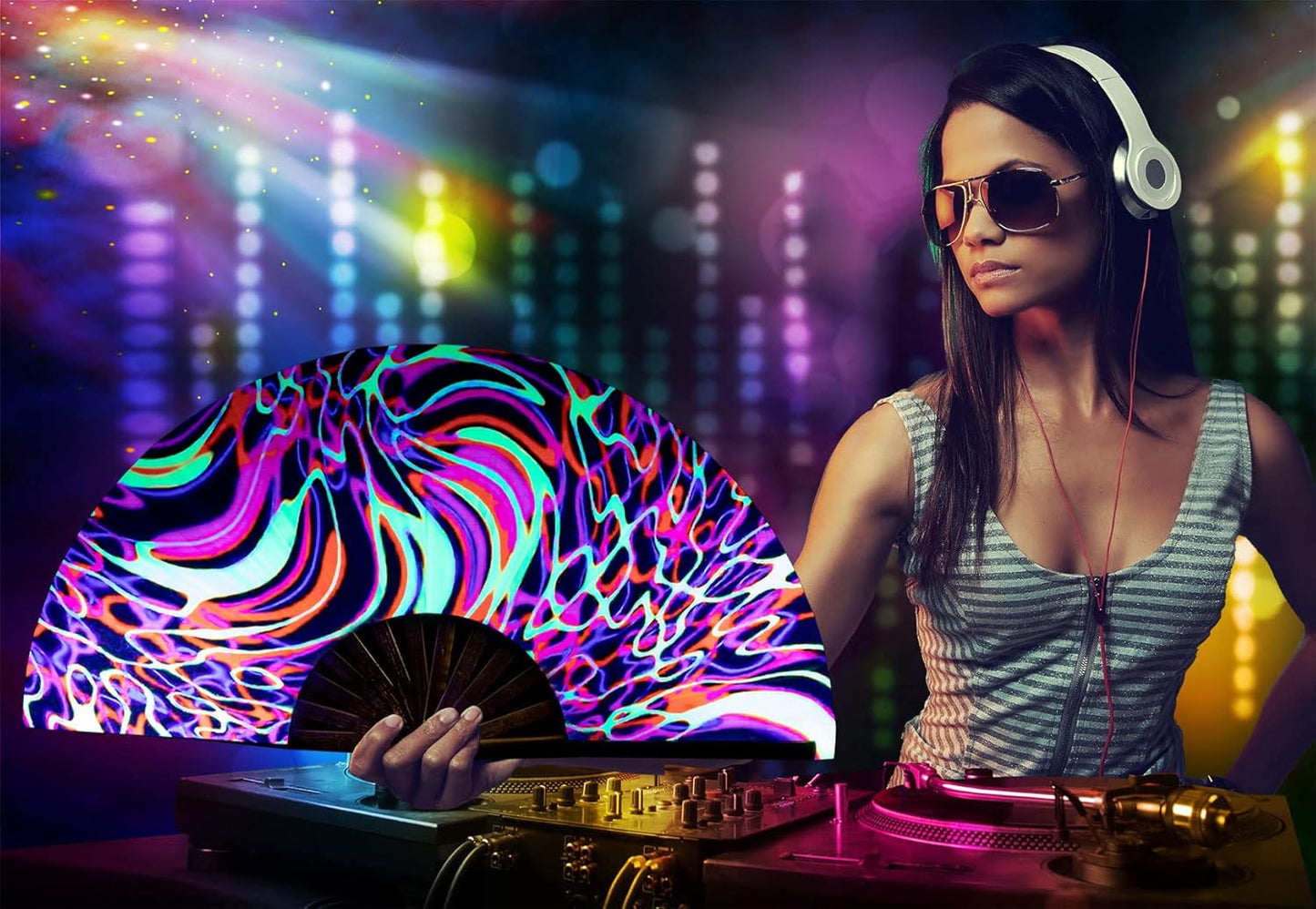 Amajiji Rave Folding Hand Fan Popping Fans for Line Dancing, Large Clacking Fans Clap Fan for Boots On The Ground Dance,Party,Decoration,Festival (Psychedelic Neon)