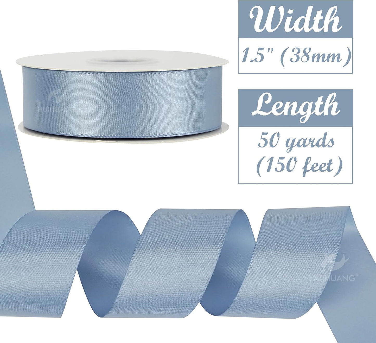 HUIHUANG Dusty Blue Ribbon 1-1/2 inch Double Face Satin Ribbon Silk Ribbons 50 Yards Roll for Gift Wrapping Bows Making Floral Bouquet Wedding Invitations Decor Party Favor and Craft Supplies