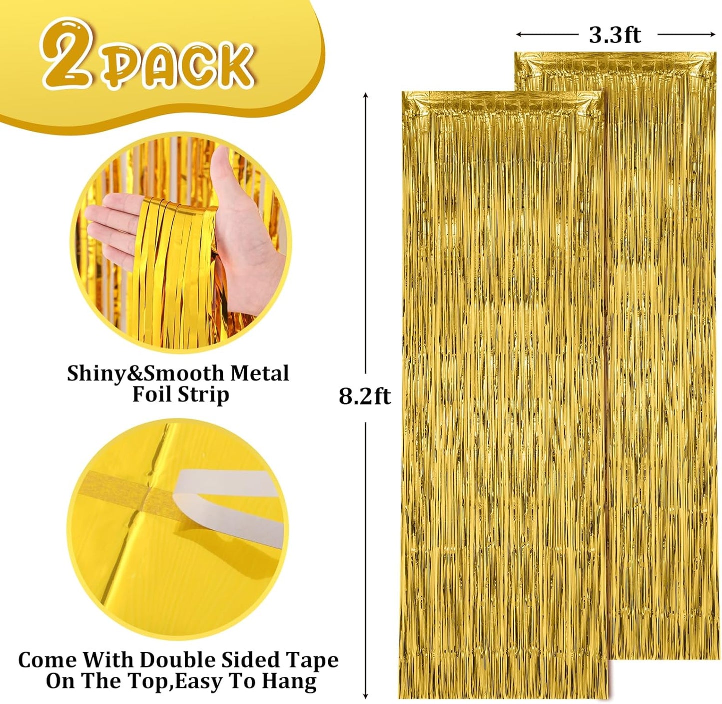 2 Pack Gold Foil Fringe Backdrop Curtains, Tinsel Streamers Birthday Party Decorations, Fringe Backdrop for Graduation, Baby Shower, Gender Reveal, Disco Party