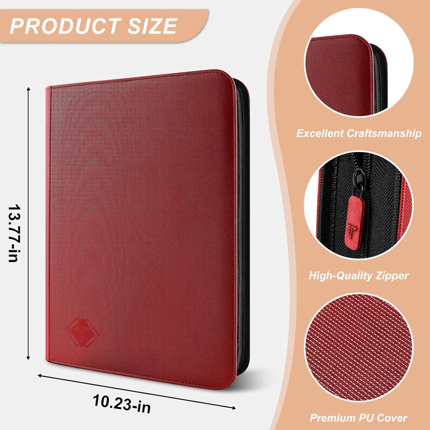 Trading Card Binder 9-Pocket, TCG Binder Fit for MTG Yugioh Card Album Book 432 Side-Loading Pockets, Premium Card Collection Binder for Baseball Football Sports Cards PTCG with Zipper (Red)