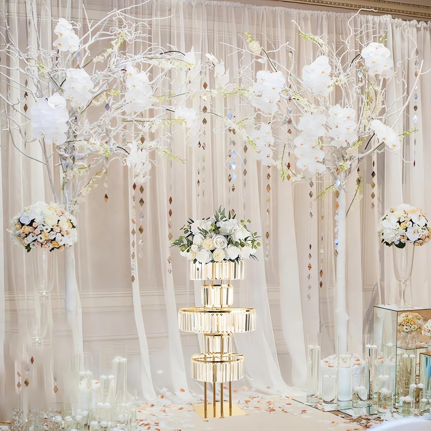 Gold Crystal Vases for Centerpieces, 47.2in Metal Pedestal Stands for Table Chandelier Centerpiece Wedding, 5 Tier Round Flower Stand for Wedding Reception Birthday Party Events Home Decor