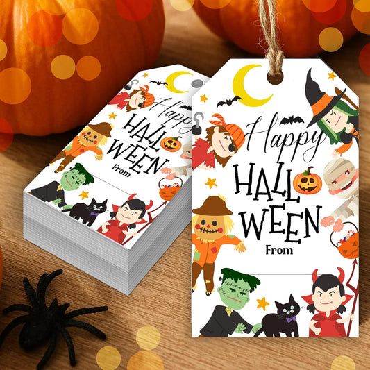 50 Pcs Halloween Tags with String, 2.1"×3.5" Pumpkin Paper Gifts Tags, Ghost Trick or Treat for Candy, Black Cat Happy Halloween Gifts Tag Wrap for Party Favor - B02