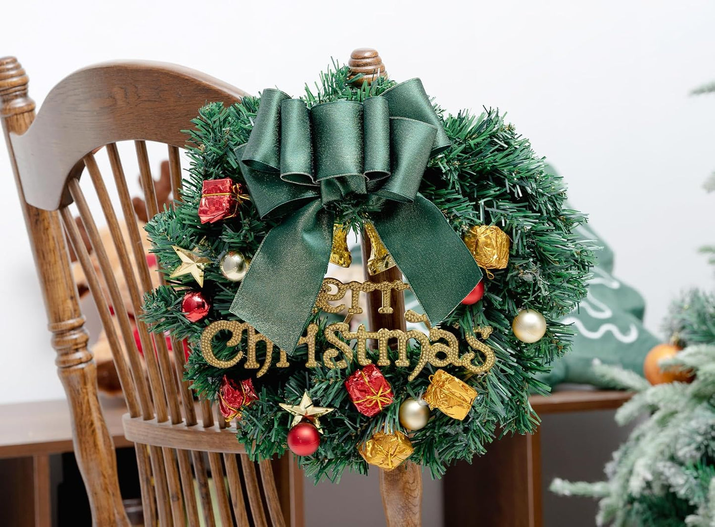 Christmas Ribbon Wired Green Satin Ribbons 2-1/2 Inch Double-Faced Gold Glitter for Tree Decoration, Wreath, Gift Wrapping, Home Decor 10 Yards