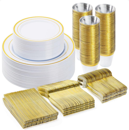 BESTVIP 300PCS Plastic Dinnerware Set (50 Guests), Gold Disposable Plates for Party, Wedding, Christmas, Anniversary, Includes: Dinner Plates, Dessert Plates, Cups, Spoons, Forks and Knives