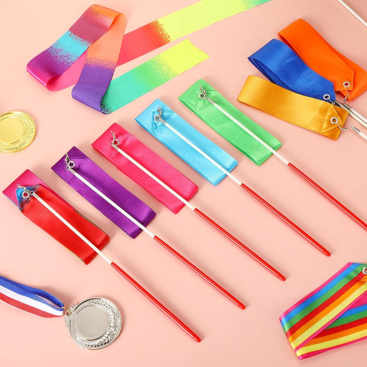 Yilloog Ribbon Dancing Wands Party Favors, 78.7 Inch Gymnastics Ribbon Streamers Rainbow Artistic Ribbon Dancer Twirling Wands, Rainbow Birthday Decorations, Girls Party Games