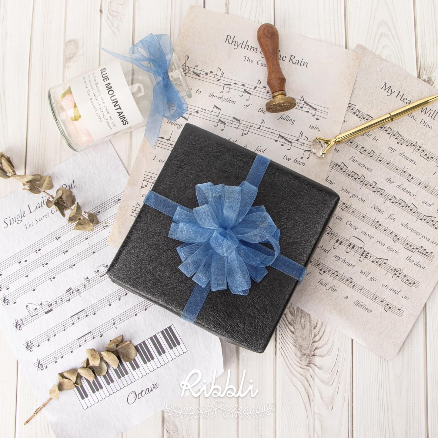 Ribbli Dusty Blue Organza Ribbon 1/2 Inches x Continuous 50 Yard Blue Sheer Ribbon for Gift Wrapping,Cookie Wrapping,Wedding Decoration