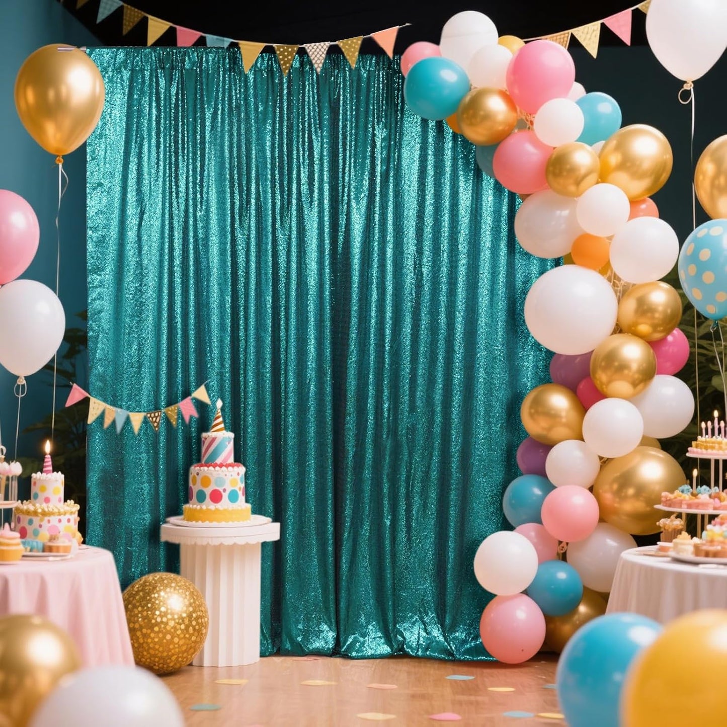 SquarePie Sequin Backdrop Curtain Not See Through Thick Glitter Background for Party 8FT x 8FT Teal