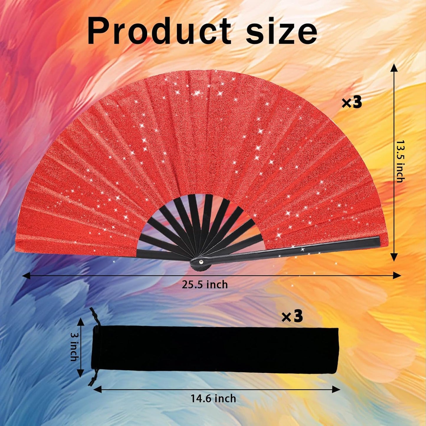 Glitter bling Large Folding Fan-Hand Fan Rave Clack Popping Fan for Line Dancing Clacking Fans for Boots On The Ground Dance, Party for EDM, Music Festival, Hot Flashes, Party, Decoration(3pcs red)
