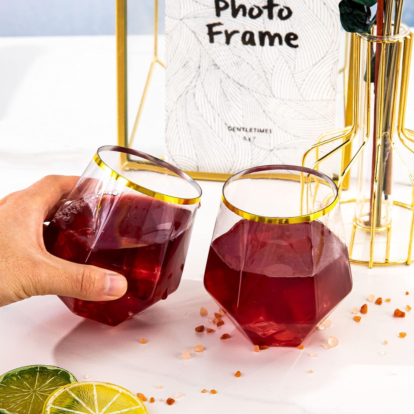 LUODA 32 Pack Gold Plastic Stemless Wine Glasses, 12 Oz Disposable Diamond Shaped Wine Glasses, Clear Plastic Whiskey Glasses with Gold Rim For Serving White Wine