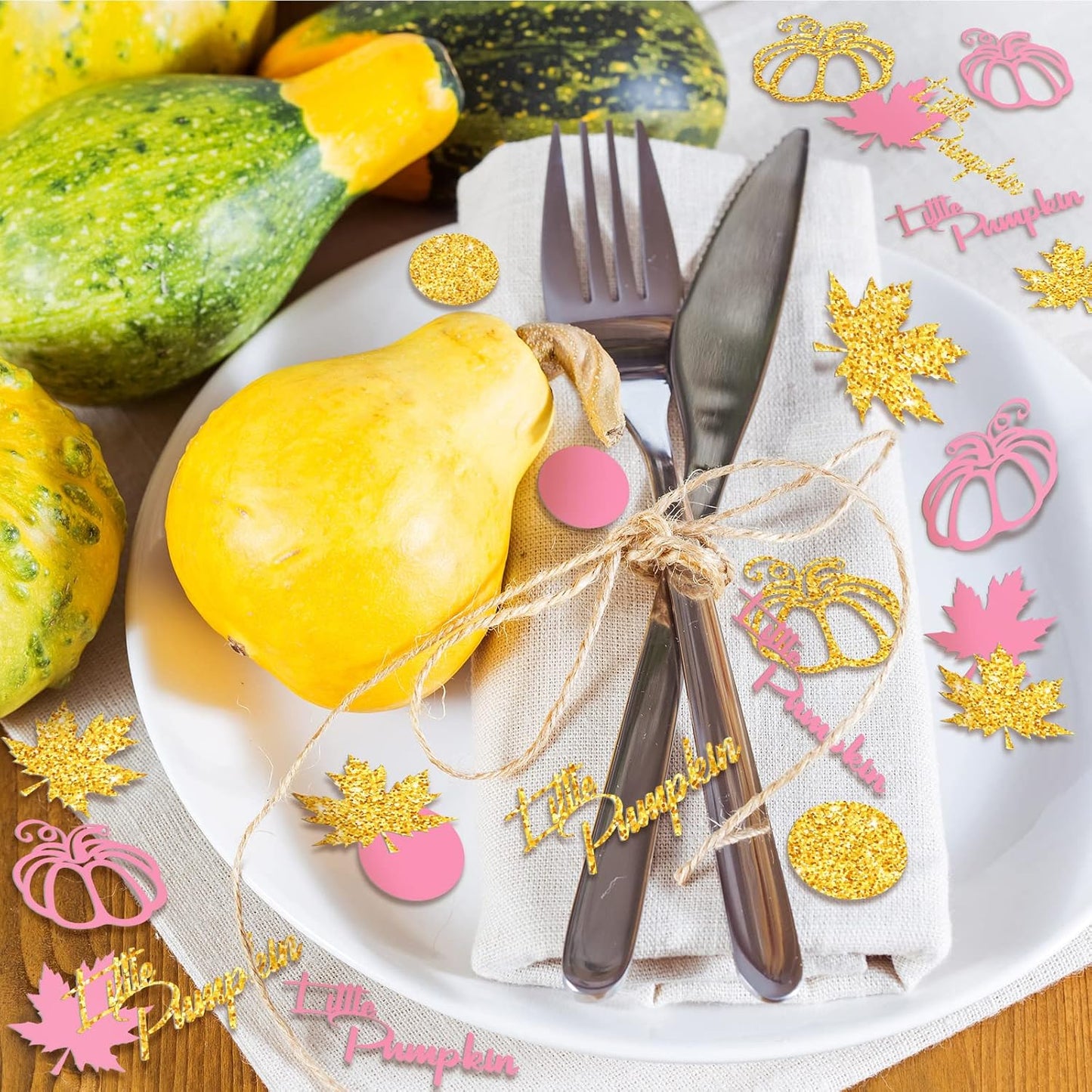 Ferraycle 400 Pcs Thanksgiving Pink and Gold Pumpkin Confetti Christmas Baby Shower Maple Leaf Confetti Glitter Thanksgiving Pumpkin Decorations Table Decorations for Birthday Party Supplies