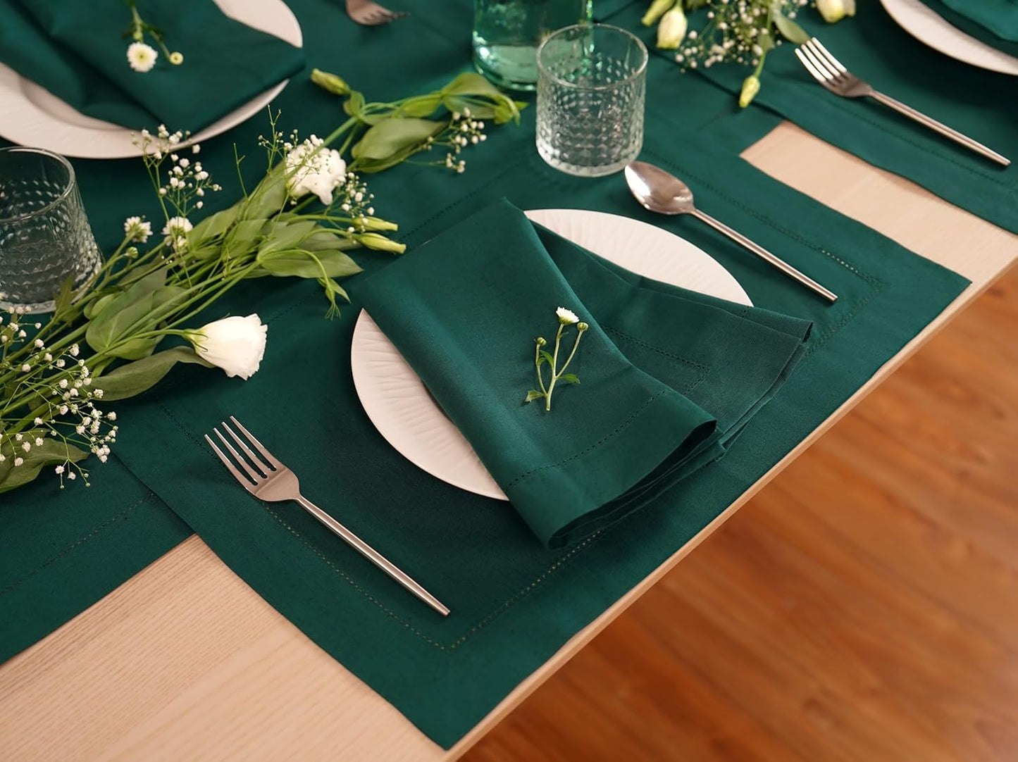 100% Pure Linen Green Napkins 20 x 20 Inch - Hemstitch Christmas Dinner Napkins Set of 4 - Cloth Fabric Napkins for Thanksgiving, Winter, New Year - Elara