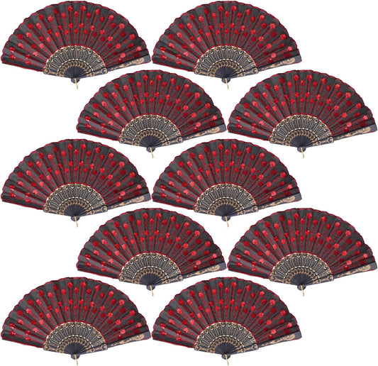 QIRMIZI 30 Pack Fabric Folding Handheld Fans, Perfect for Weddings, Parties, and Dancing,Red