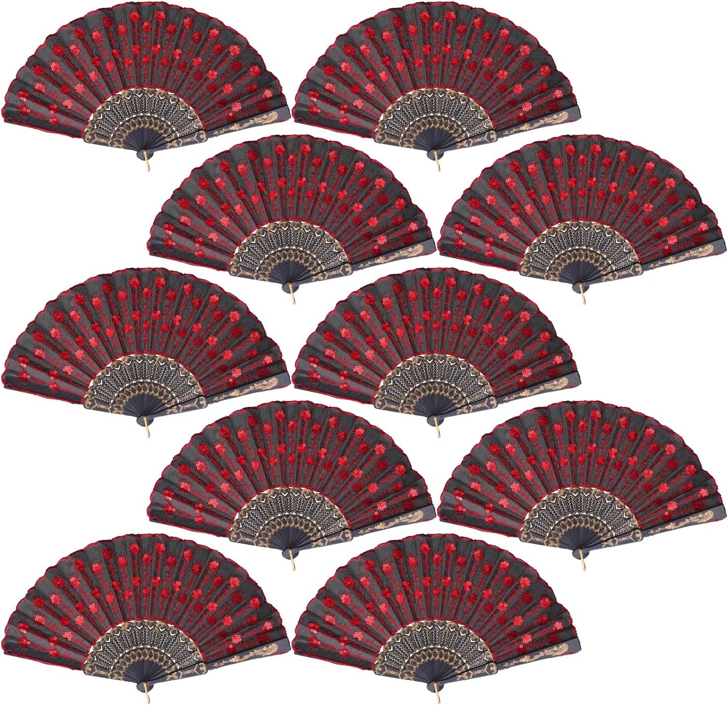 QIRMIZI 10 Pack Fabric Folding Handheld Fans, Perfect for Weddings, Parties, and Dancing,Red