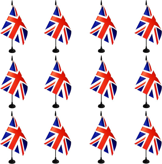 UK Britain Desk Flag, 12 Pack British Table Office Flag with Black Solid Pole and Stand Base, International Country Flag, Festival Celebration, Classroom Meeting Desktop Decor (UK)