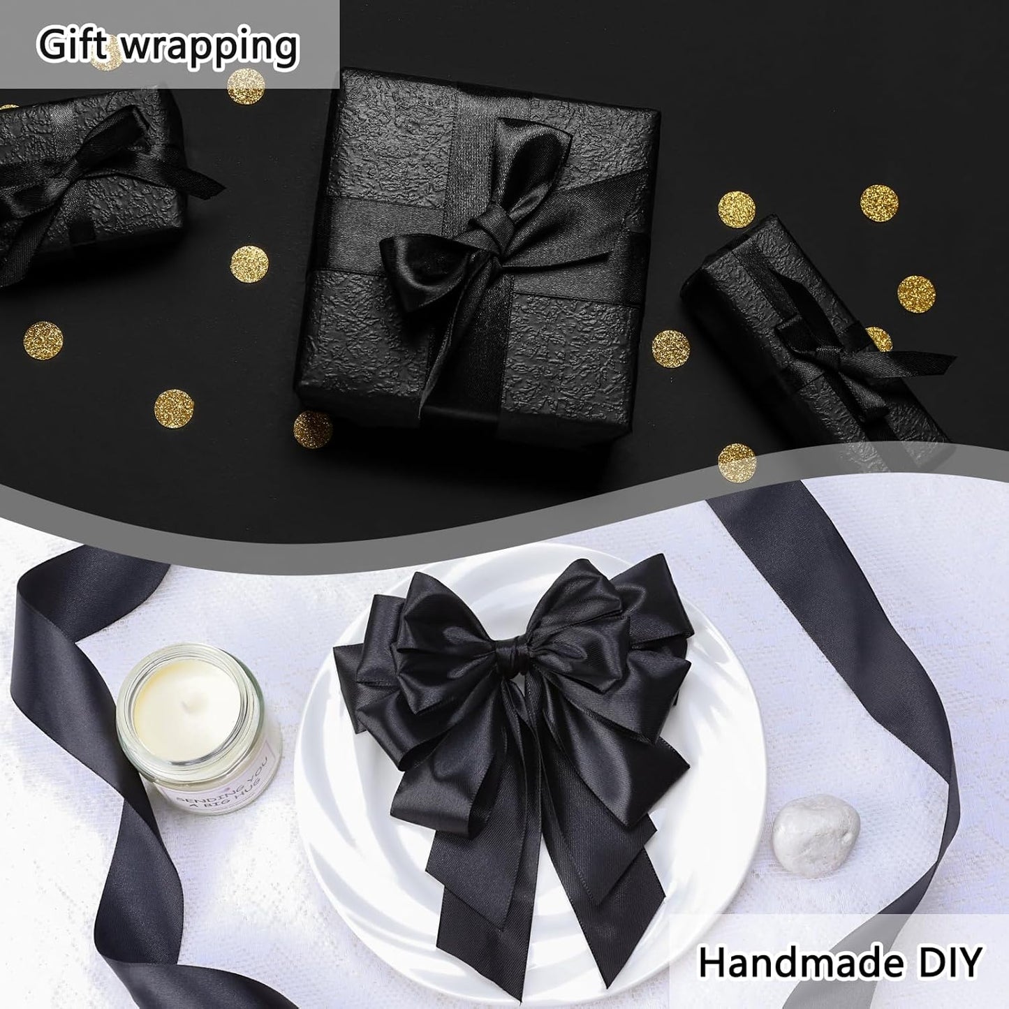 NESCCI 60 Yards Ribbon,1-1/2 Inch Black Satin Ribbon,Single Face Satin Ribbons, Perfect for Gift Wrapping,Wedding Decoration,Handmade Bows, Wrapping Bouquet and More