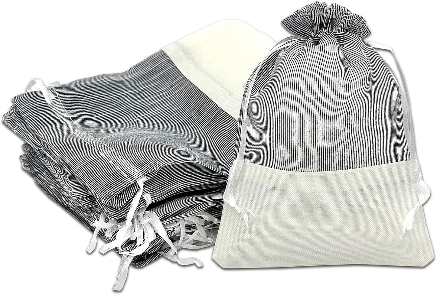 TheDisplayGuys For Your Modern Living 24-Pack Linen & Black Organza Gift Bags with Drawstrings (Medium 5 x 7 1/4) - Party Favors, Samples, Treats Mesh Pouches