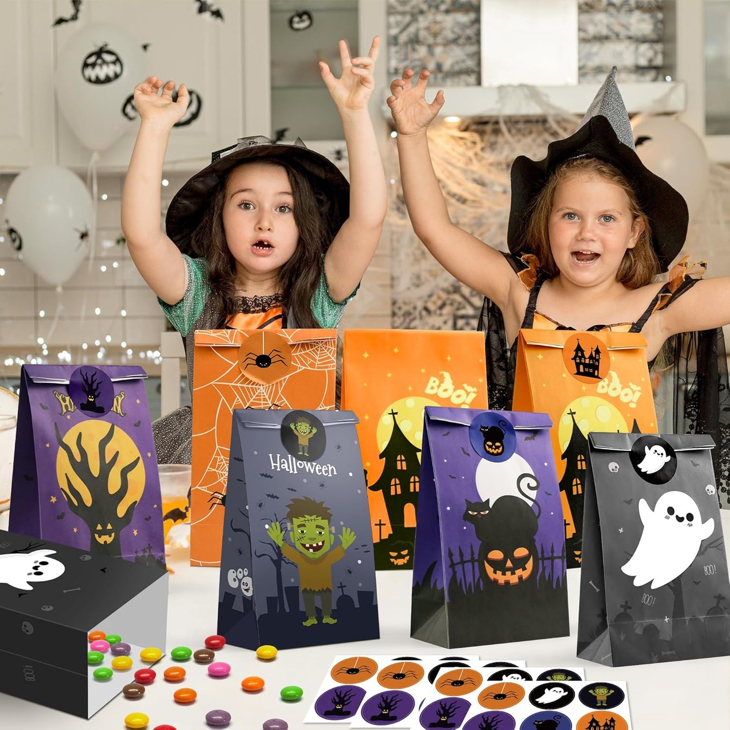Halloween Treat Bags - 24 PCS Halloween Party Favors,Halloween Goodie Bags with Stickers for Kids | Candy Bags - Trick or Treat Bags,Mini Paper Gift Basket- HALLOWEEN Decorations Party Supplies