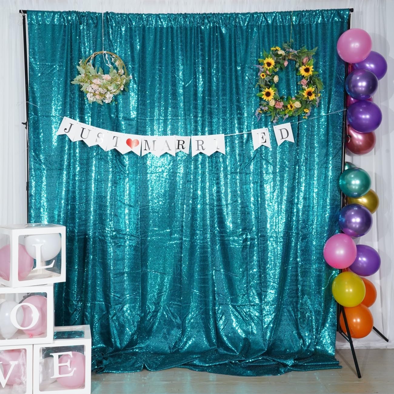Poise3EHome 6Ft x 8Ft Teal Sequin Backdrop Curtain, Glitter Thick Satin Background Drapes, Opaque Sparkly Curtain, Sequin Backdrop for Xmas Thanksgiving Wedding Party Decor