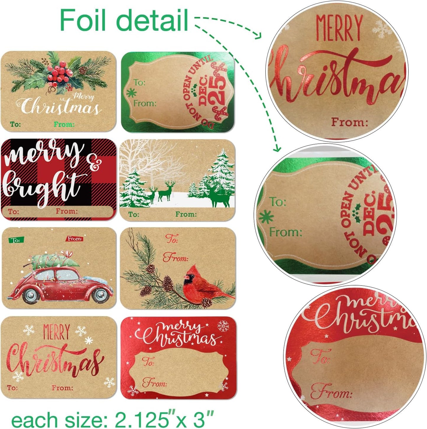 80-Count Foil Kraft Christmas Tags Sticker，8 Jumbo Designs - Xmas to from Christmas Stickers Name Tags Write On Labels - Holiday Present Labels