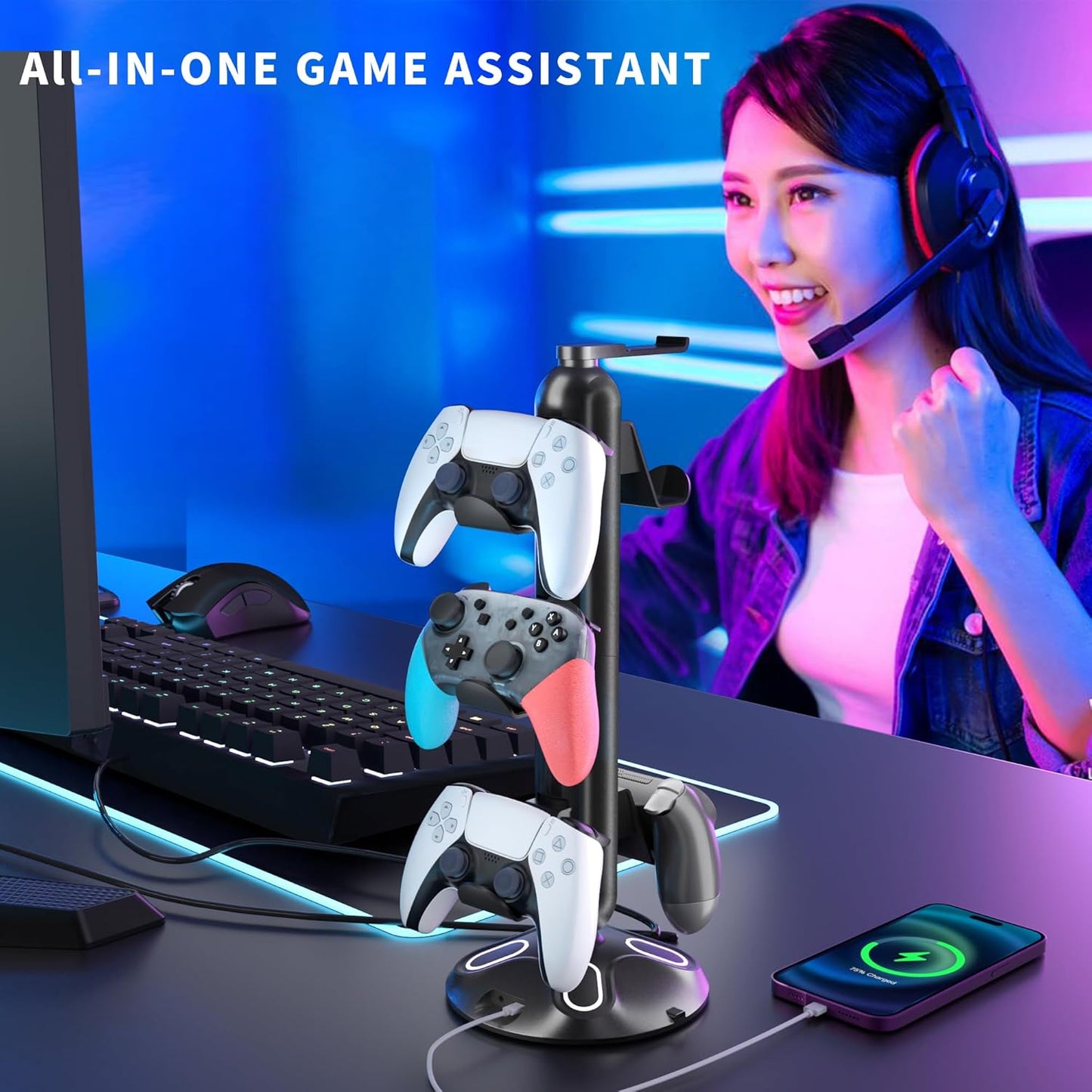 Gaming RGB Headphone Stand, Controller Holder with 9 Light Modes and 2 USB Charging Ports and 3.5mm & Type-C - Controller Stand Hanger Accessories for Desk and Gamer(Black) A