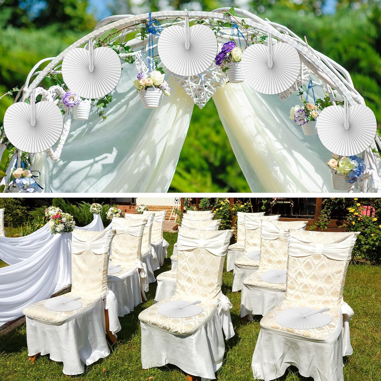 Handepo 200 Pieces Wedding Fans Folding Paper Fans Paper Fans Round Shaped Folding Fans Handheld Fan with Plastic Handle for Wedding Celebration Birthday Party Favor (White)