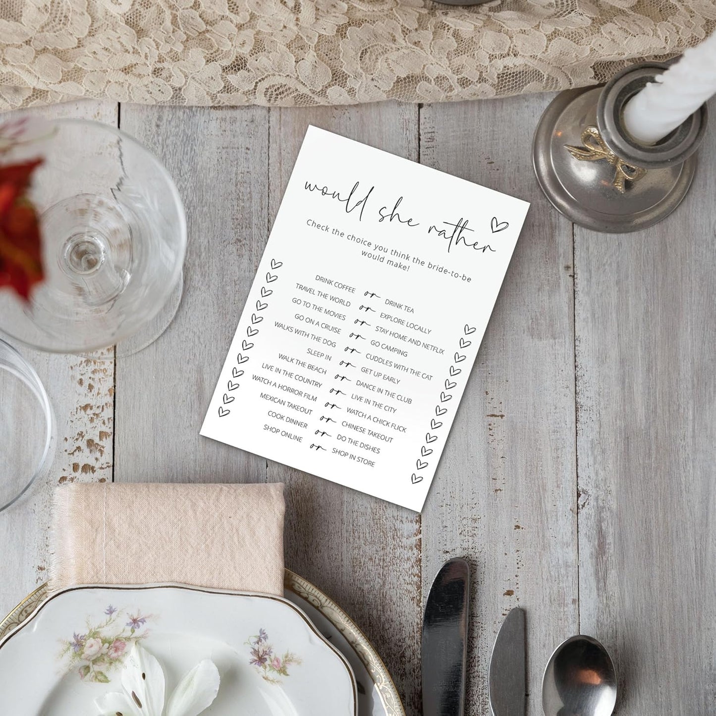 Bridal Shower Games, Would She Rather, 25Pcs Minimalist White Double-Sided Bridal Game Cards, Wedding Shower Games for Guests, Engagement Bachelorette Party Supplies - A15