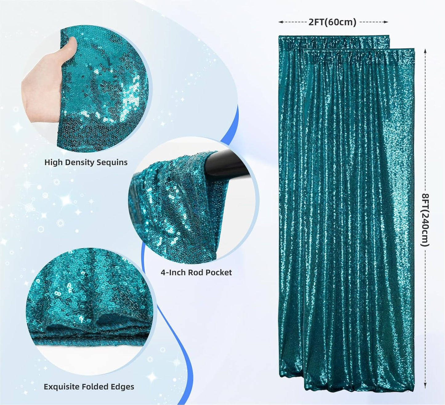 Juya Delight 2ft x 8ft x 2Pcs Teal Sequin Photography Backdrop Curtain for Wedding Party Decoration Festival Ceremony