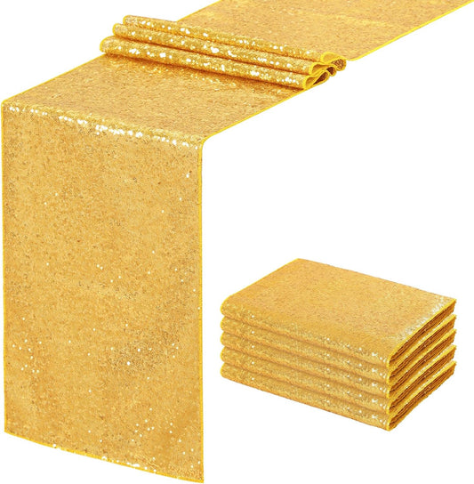 Sequin Table Runners 5 Pieces Gold Table Runners 12x72 Inch Glitter Dining Table Cover for Party Wedding Birthday Reception Banquet Decoration Spring Party Chair Sashes