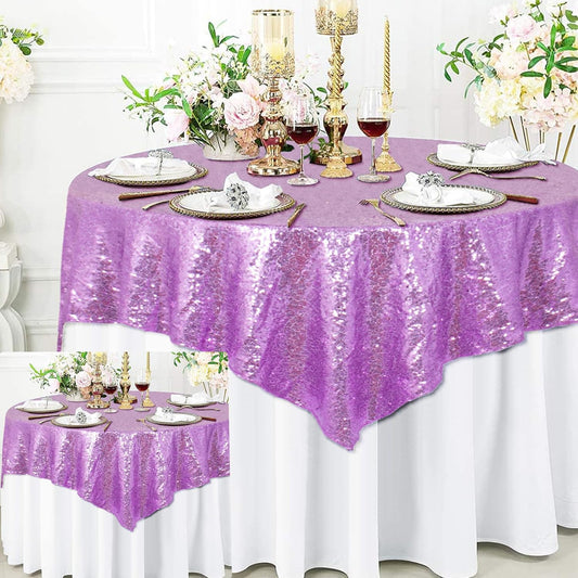 ShinyBeauty Lavender Table Cloths for Party 2 Packs, 72X72 Inch Sequin Tablecloths Square Shimmer Tablecloth Overlay Lilac Tablecloths Rectangular for Wedding, Birthday Tables