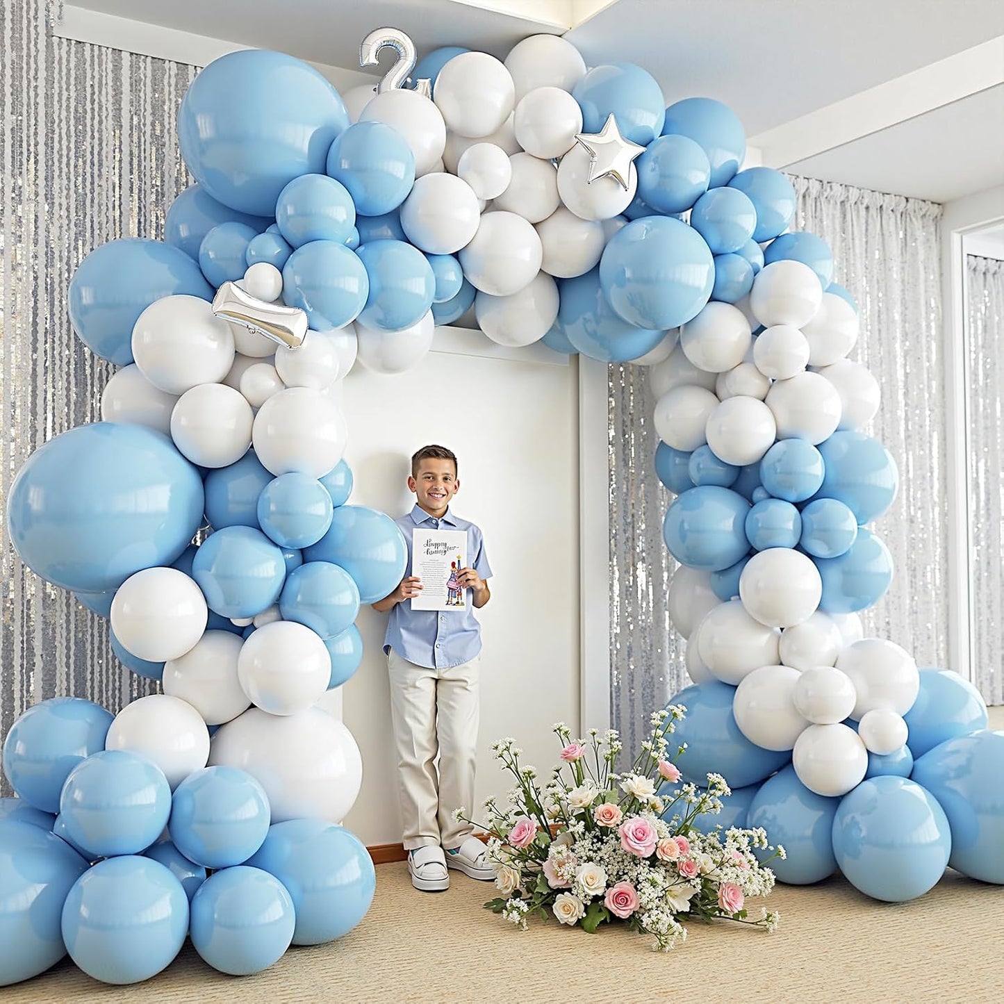 412Pcs Blue and White Balloon Arch Kit, 18 12 10 5 Inch Different Size Light Blue White Balloon Garland Kit for Baby Shower Graduation Birthday Wedding Party Decorations