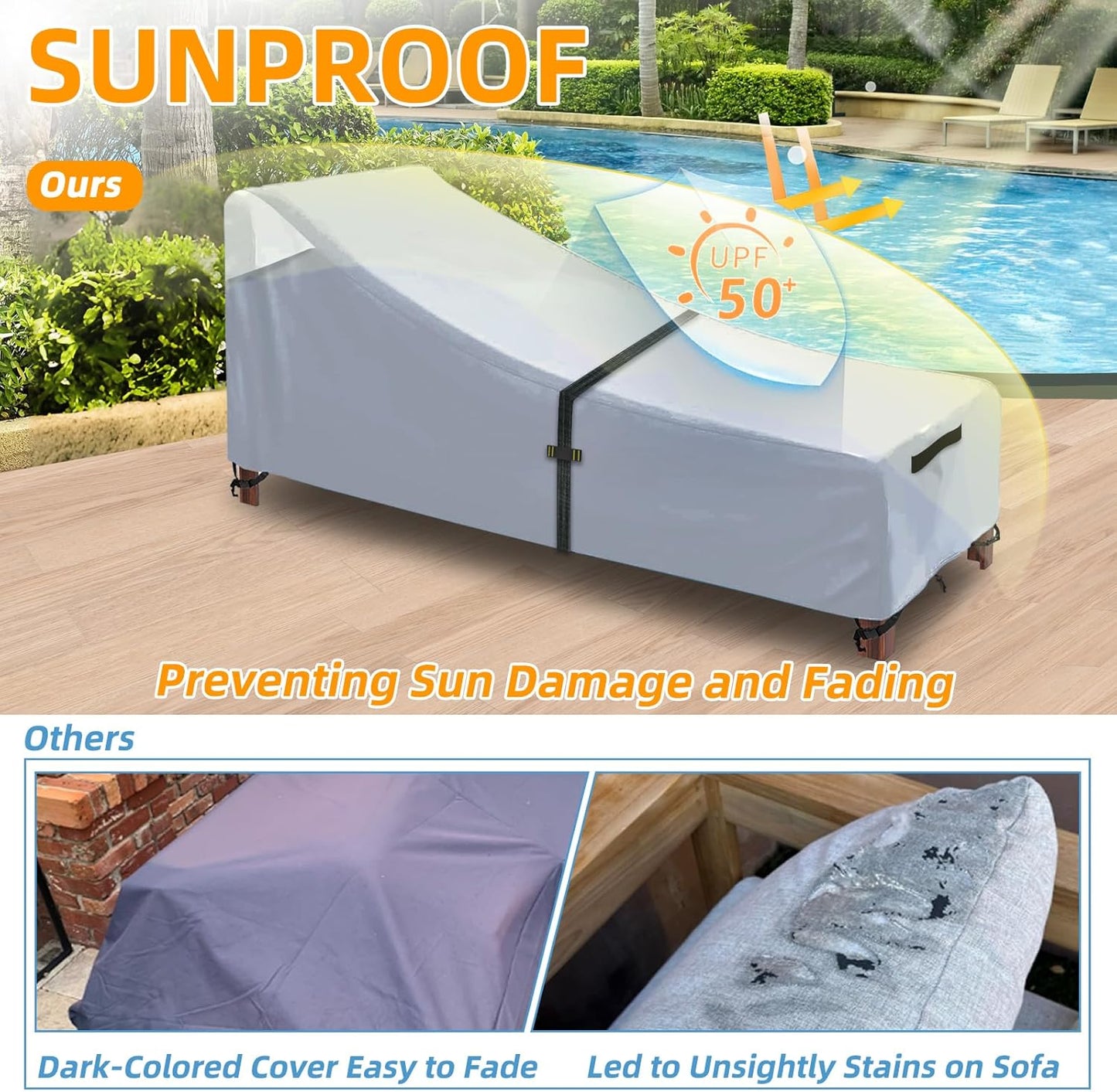 Patio Chaise Lounge Cover with Handles, Outdoor Lounge Chair Cover Waterproof UV Resistant, Patio Furniture Covers with Air Vent (76L x 32W x 32H) inch