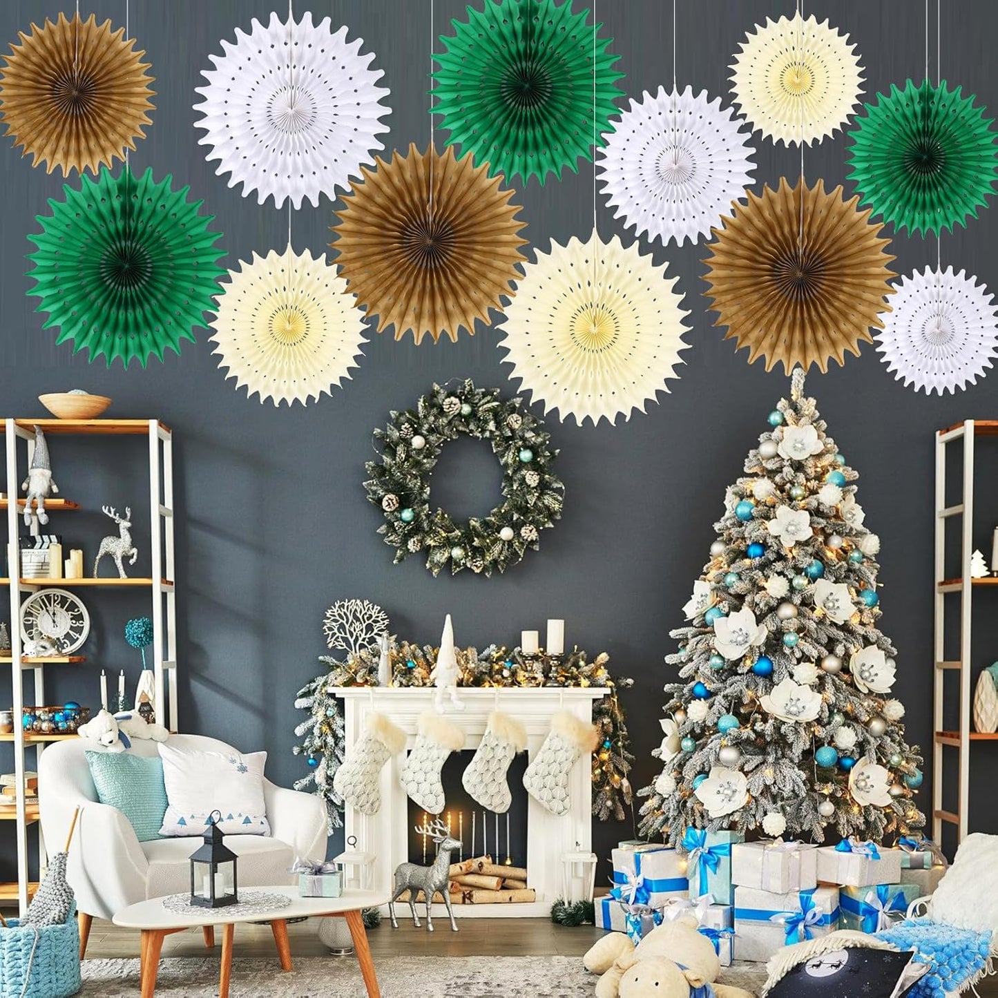BestoFun 12PCS Paper Fans Neutral Green White Christmas Decorations Winter Party Decorations Tissue Paper Flowers Decorations for Winter Holiday Party Xmas Home Room Wall Hanging Décor