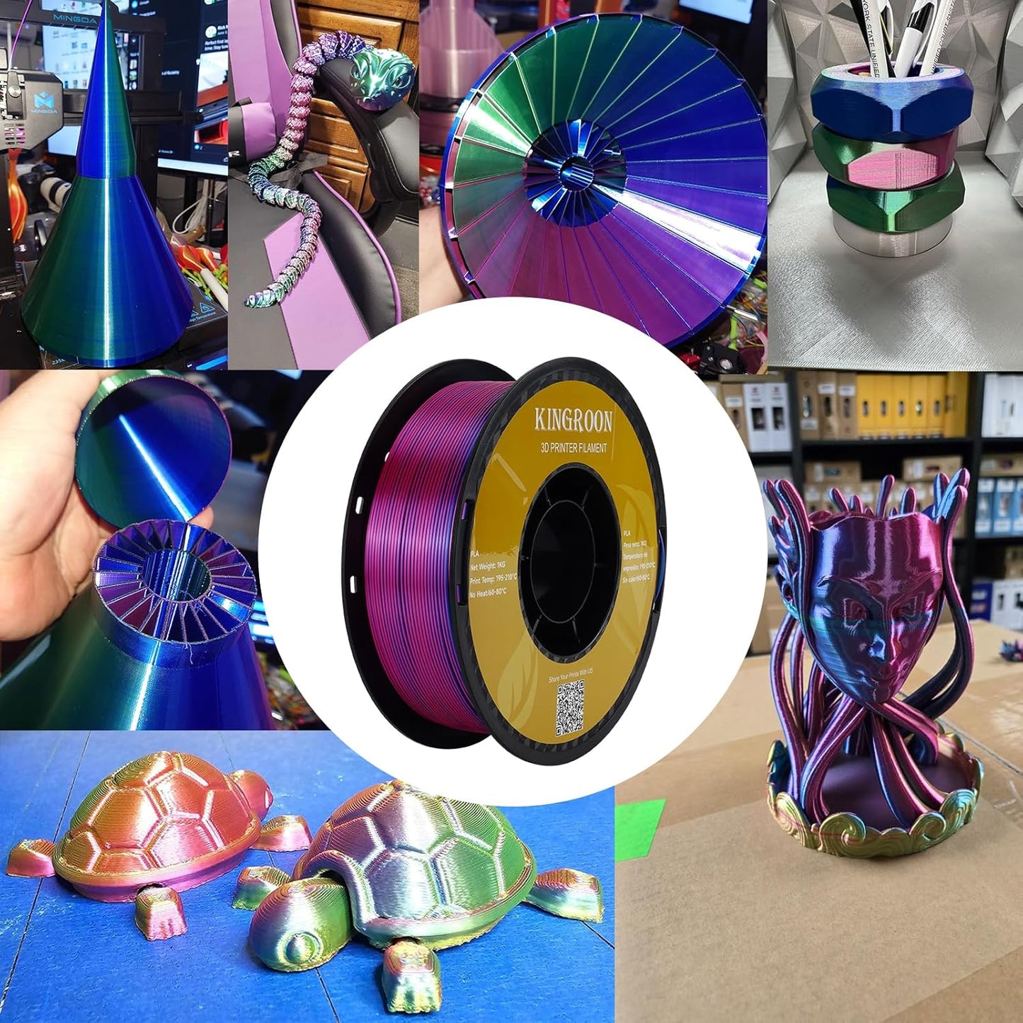 Kingroon Silk PLA Triple Color,3D Printer Filament,Pla Filament 1.75mm,Multicolor Filament 1KG,Dimensional Accuracy +/- 0.03mm,for Most FDM 3D Printer,Red Green Blue