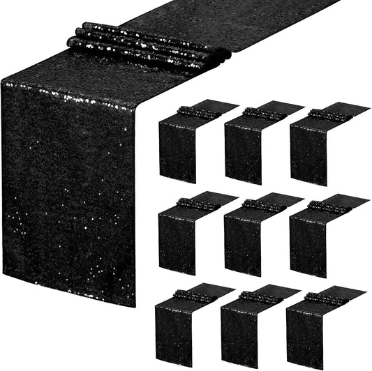 Black Table Runners Sparkly Halloween Table Runner 10 Packs 12x108 Inches Glitter Sequin Fabric for Birthday Party Holiday Supplies Decorations