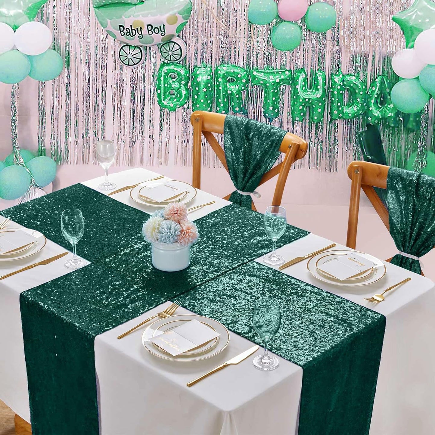 Sequin Table Runners 5 Pieces Emerald Green Table Runners 12x72 Inch Glitter Dining Table Cover for Party Wedding Birthday Reception Banquet Decoration Spring Party Chair Sashes