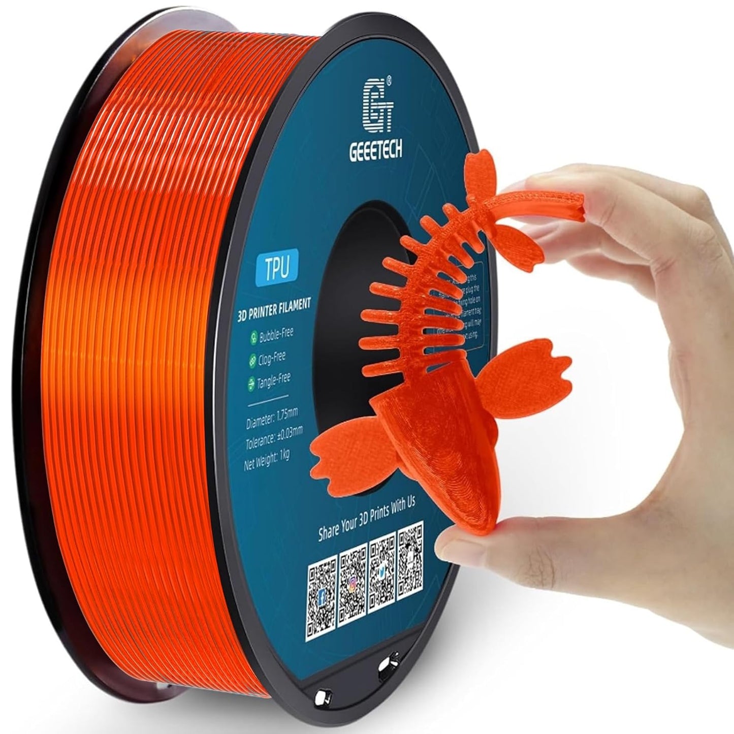 Geeetech TPU Filament 1.75mm, Shore 95A – Flexible 3D Printer Filament with High Elasticity, 1KG (2.2lbs) Spool, Dimensional Accuracy ±0.03mm, Fits Most FDM Printersl, Clear Orange