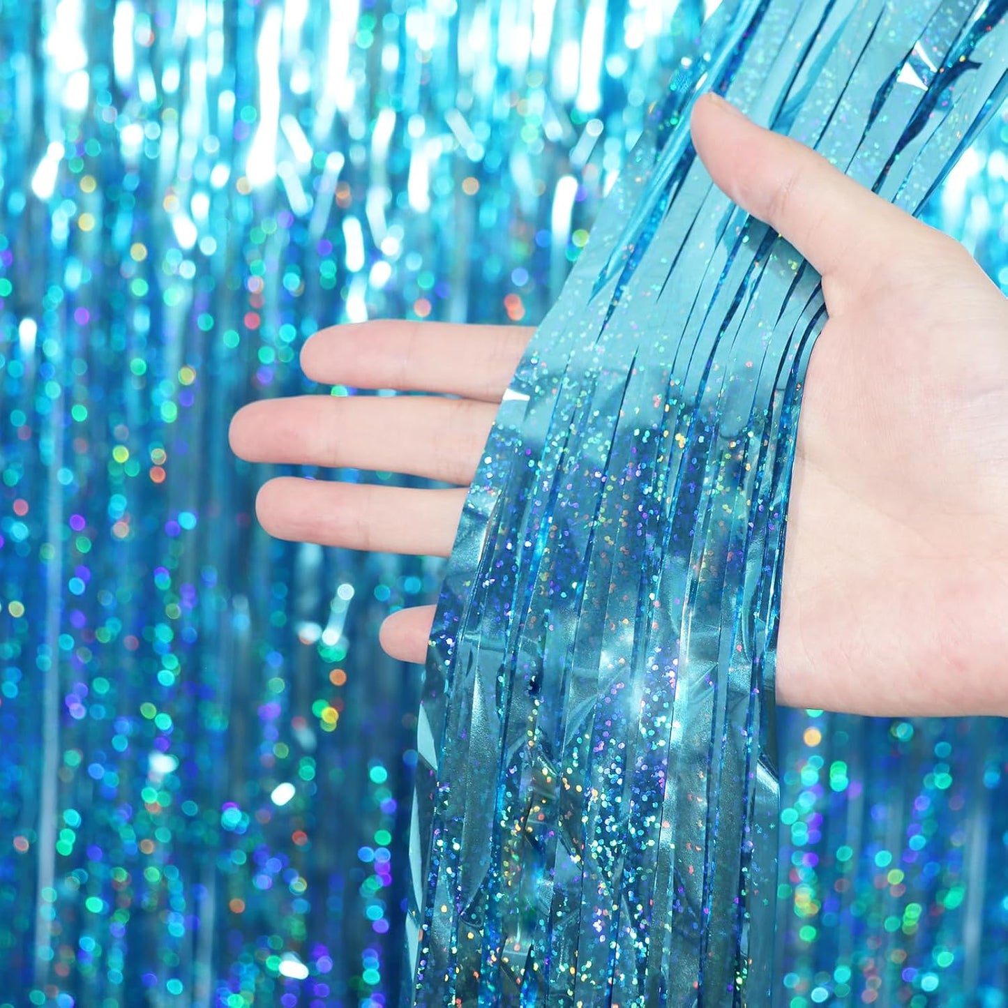 3 Pack 3.3 x 6.6 ft Light Blue Foil Fringe Backdrop Curtains, Tinsel Streamers Party Decorations, Fringe Backdrop for Birthday, Baby Shower, Gender Reveal, Graduation