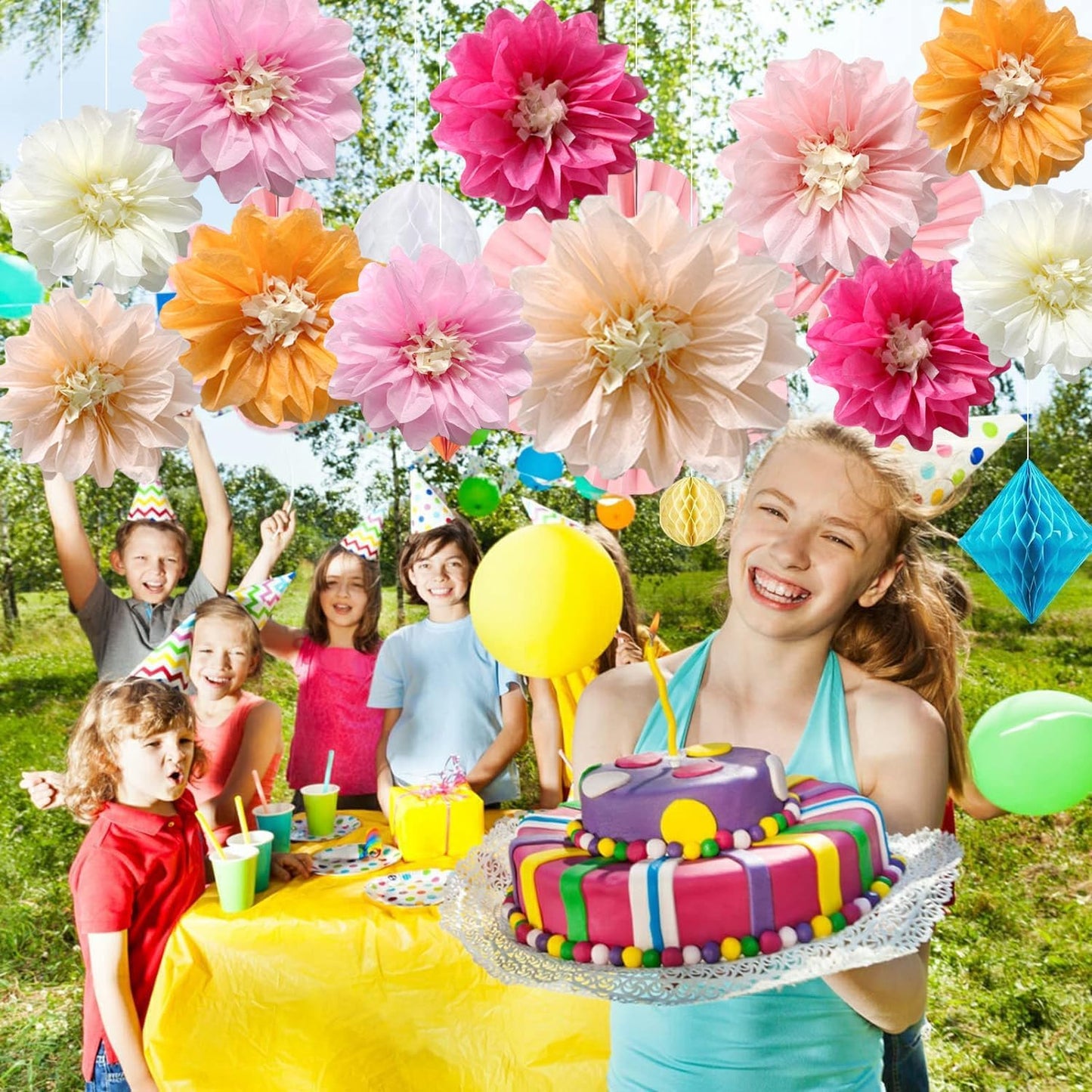 12pcs 8in 10in Paper Flowers Tissue Flowers Pom Paper Pom Poms Hanging Paper Flowers Wall Backdrop Wedding Party Flower Decorations DIY Art Craft Blooms for Birthday Shower Nursey Decor Royal-Blue