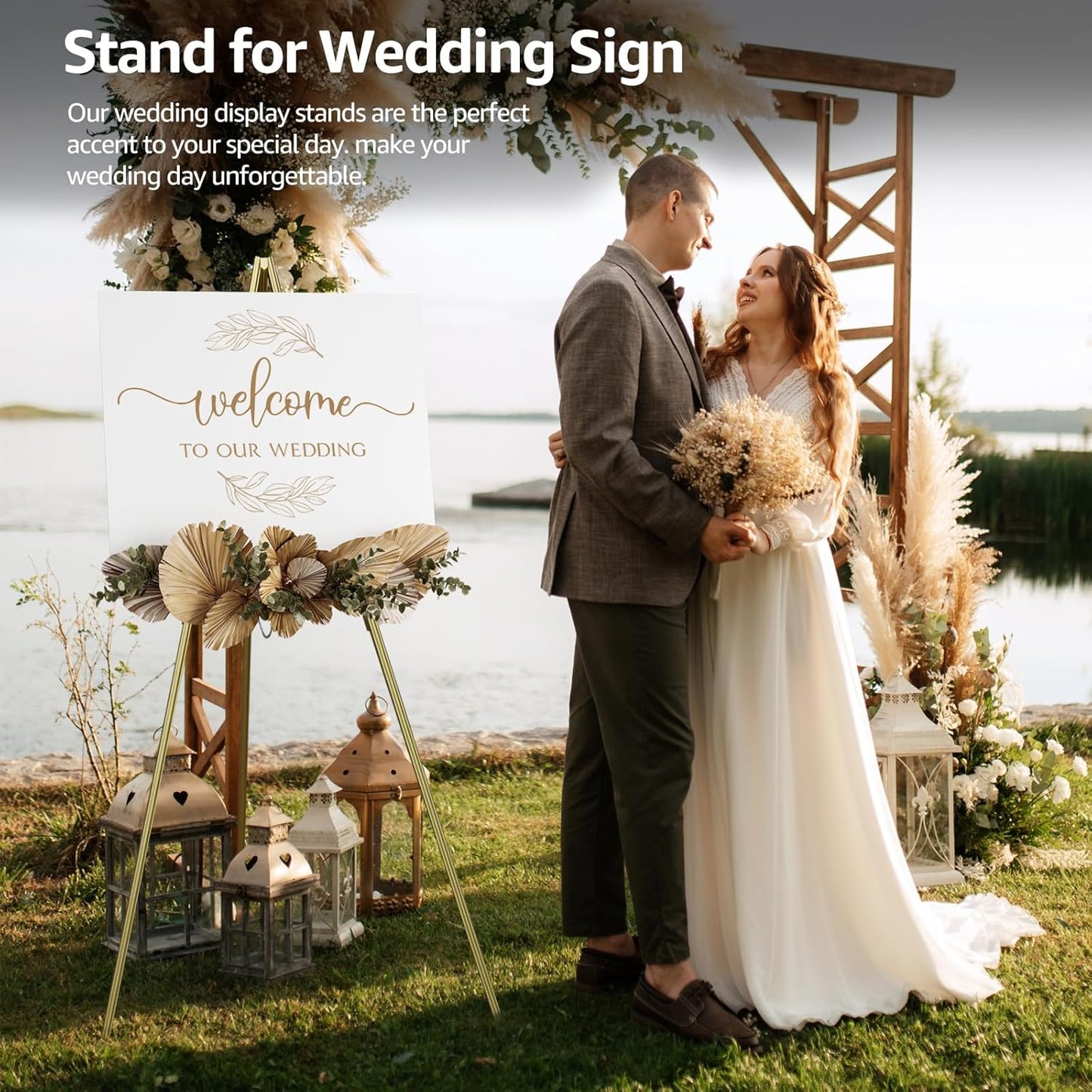 nianfeng Wooden Easel Stand for Sign, Easel Display Stand Floor for Wedding Sign With Adjustable Tray, 63-Inch, Tripod A-Frame Poster Light Duty, Welcome, Art Show & Baby Shower (Golden)