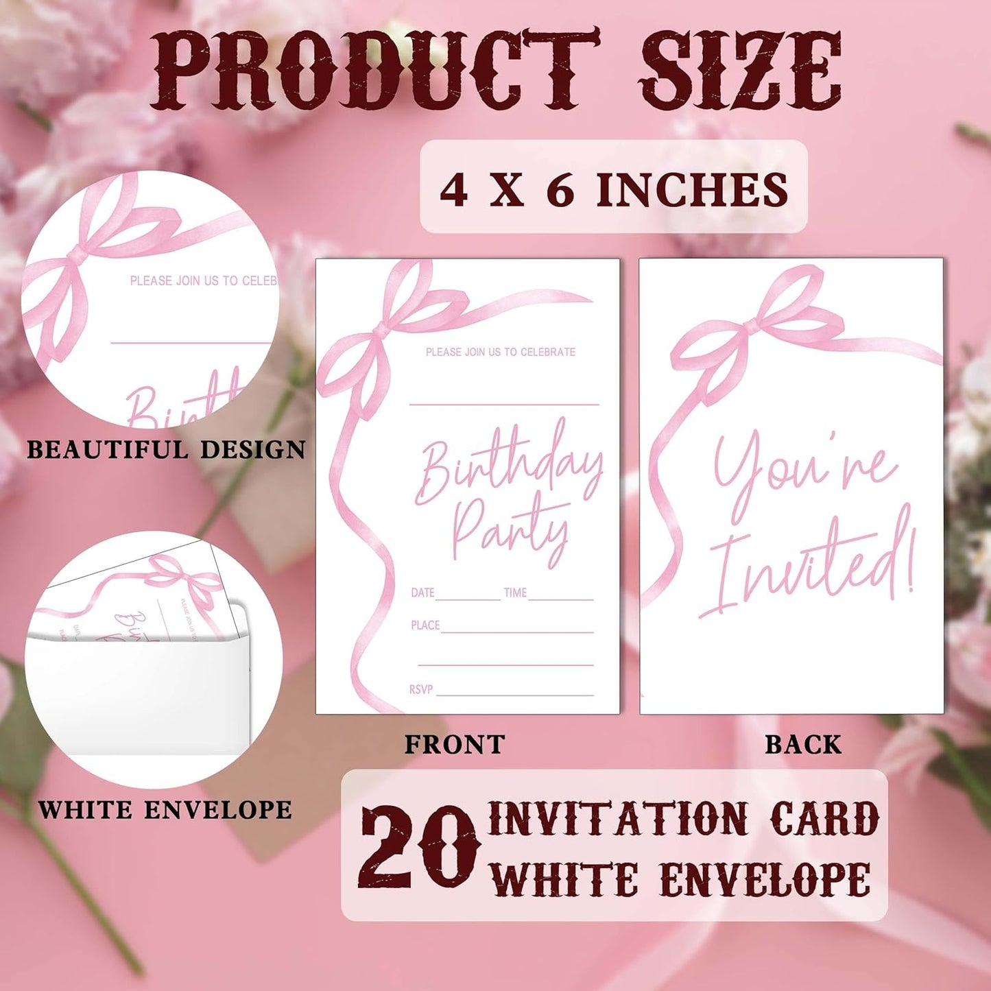 SIXEIGHT Pink Bow Birthday Invitations, Pink Ribbon Bow Birthday Party Invitations, 20 Party Invitations with Envelopes for Girls Boys, Birthday Party Favor & Decoration (4"x6")-A04
