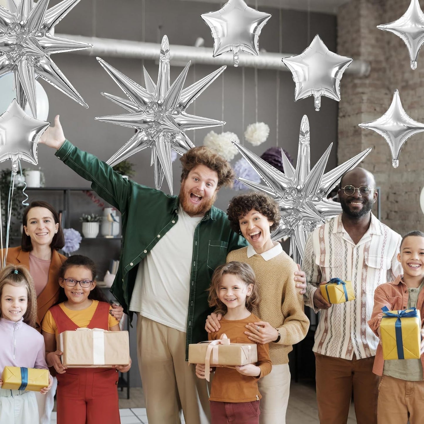 Silver Star Balloon,16Pcs Star Foil Balloons Set with 22Inch Explosion Spike Cone Balloons and 10Inch Quadrangle Helium Balloon for Birthday Wedding Baby Shower Party Decorations