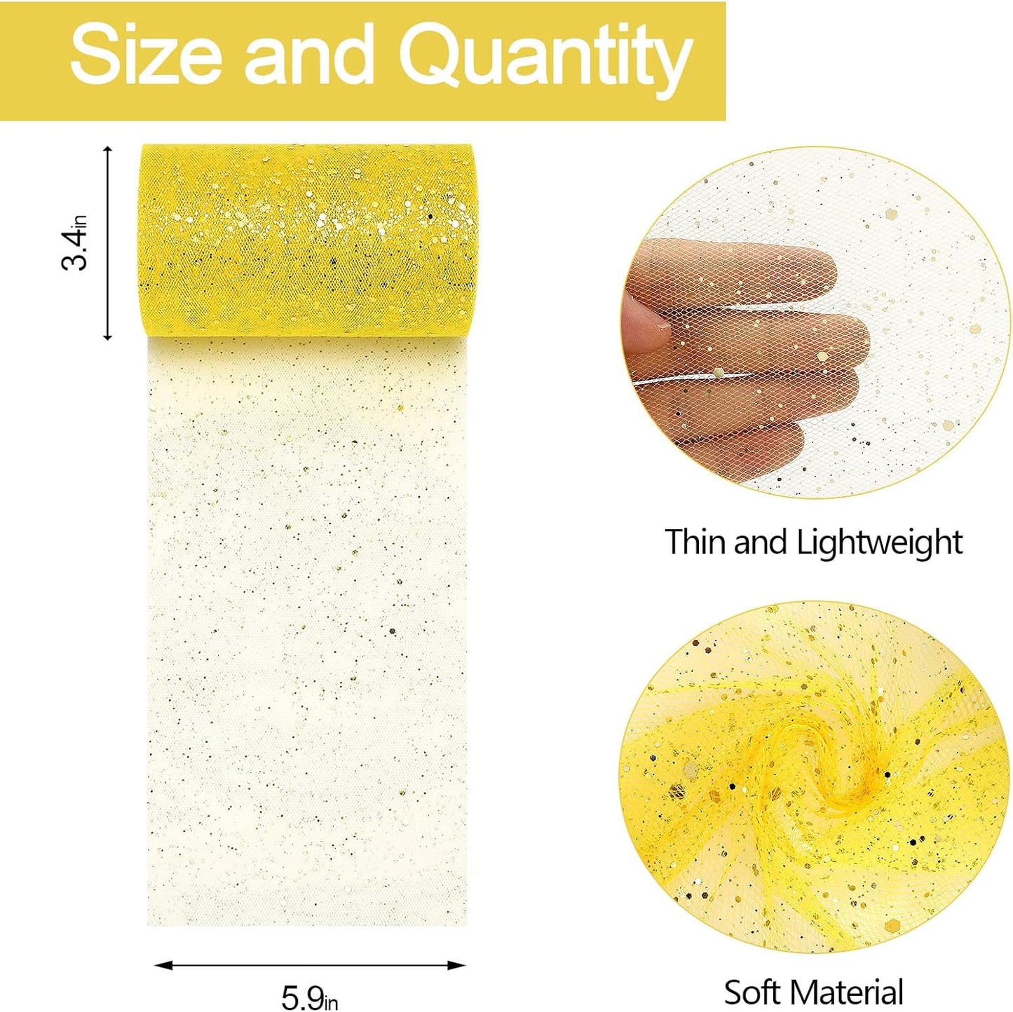 Glitter Tulle Rolls, 6” by 50 Yards (150FT) Sparkling Tulle Spool Ribbon Sequin Tulle Netting Fabric for Tutu Skirt Wedding Birthday Baby Shower (Yellow)