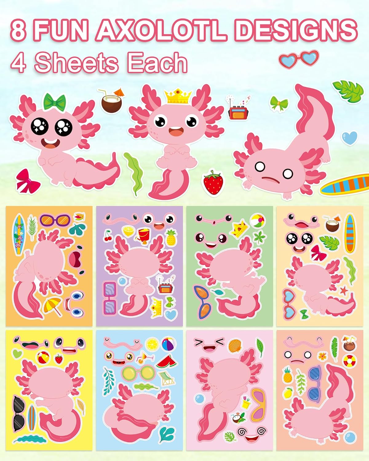 Aowplc 32 Sheets Axolotl Make-a-Face Stickers Mix 'n Match Crafts for Kids Axolotl Party Favors & Activities